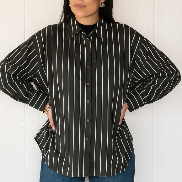 Brunette The Label Black and White Strip Button Down Shirt 100% Cotton - Picture 1 of 5